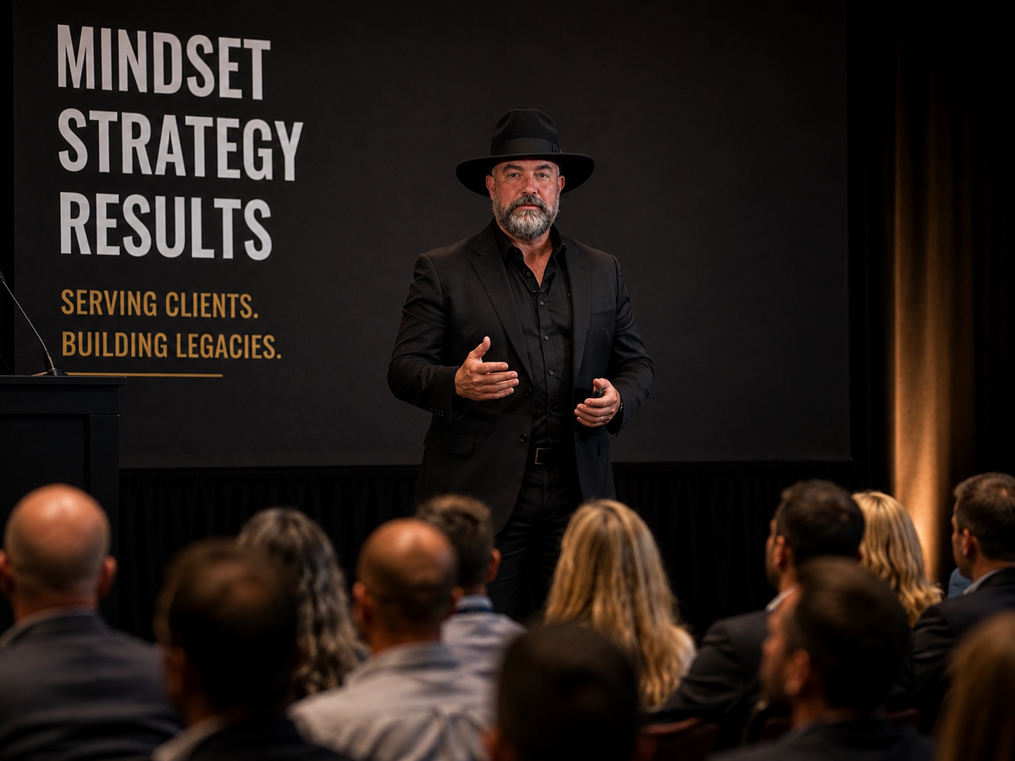 David Adam Kurz on stage speaking at a national event, with a screen behind him reading MINDSET STRATEGY RESULTS