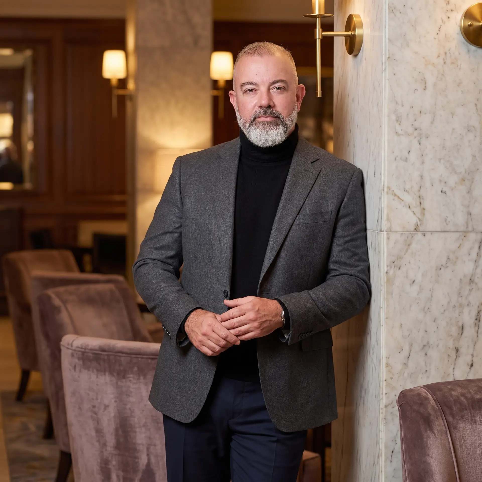 David Adam Kurz in a grey blazer and black turtleneck, standing in a marble lobby