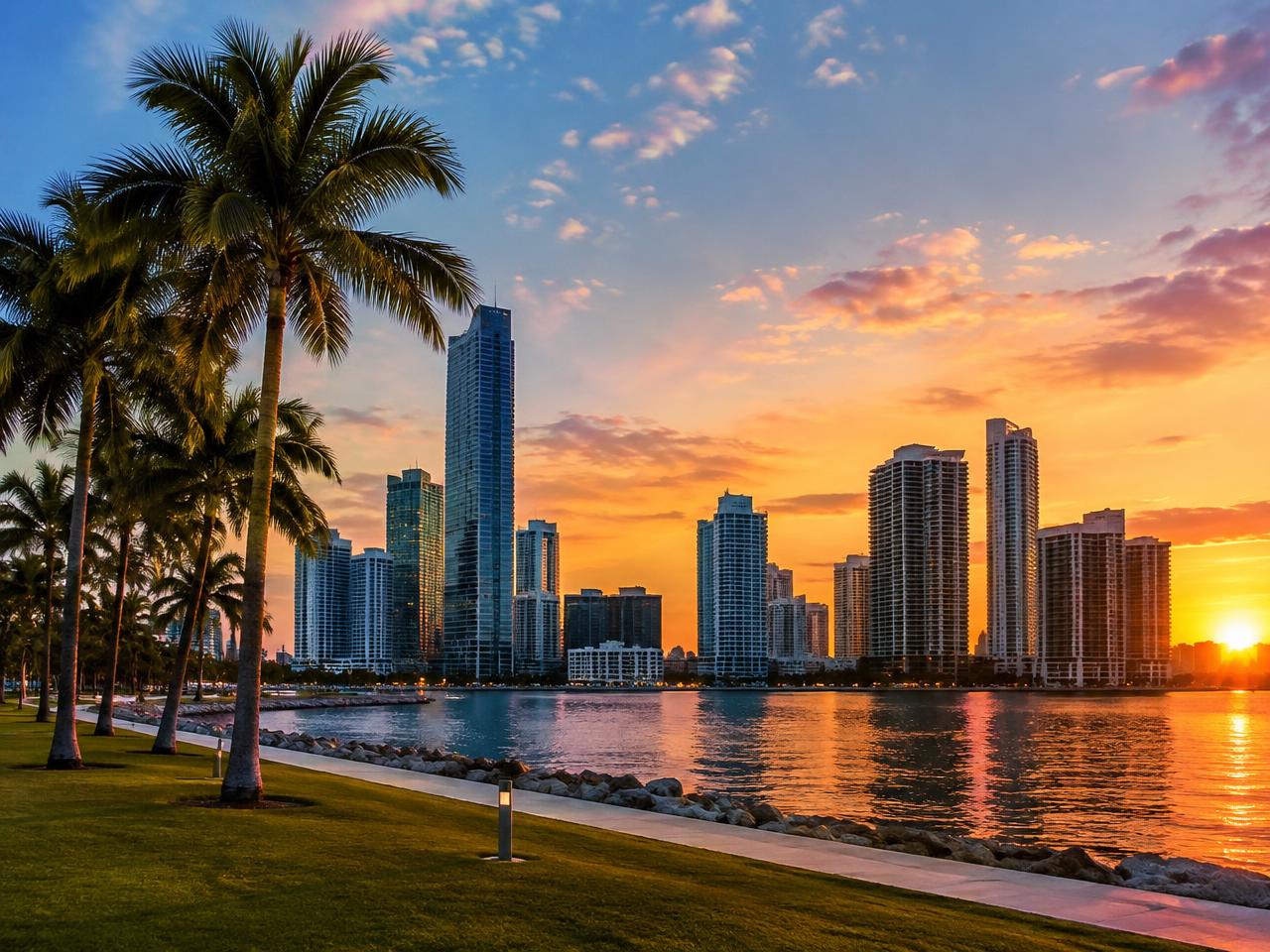 Illustrative Miami skyline and waterfront promenade at dusk