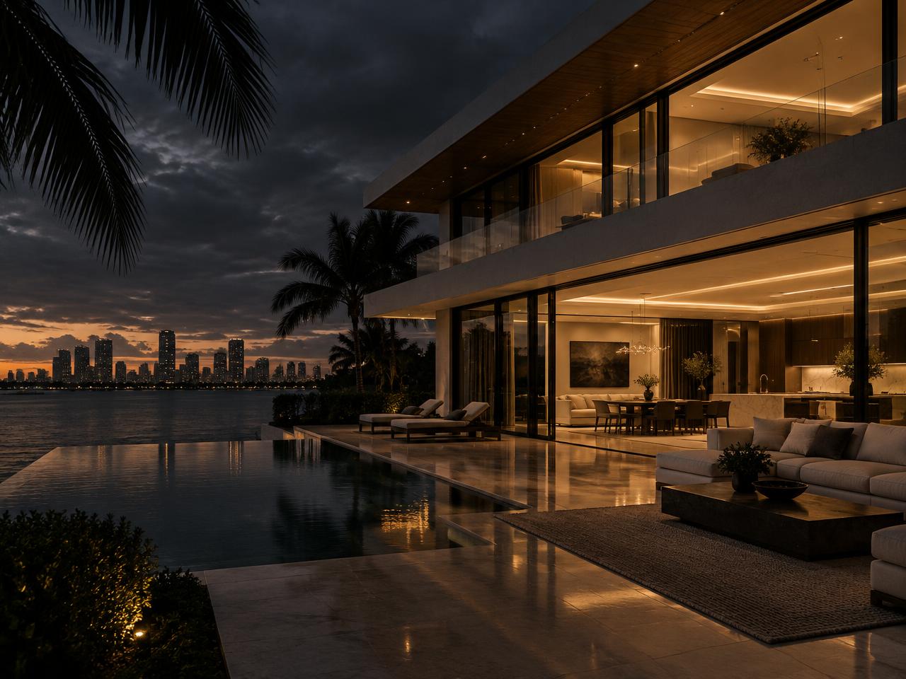 A modern Miami home at dusk, warm interior light glowing over a waterfront terrace