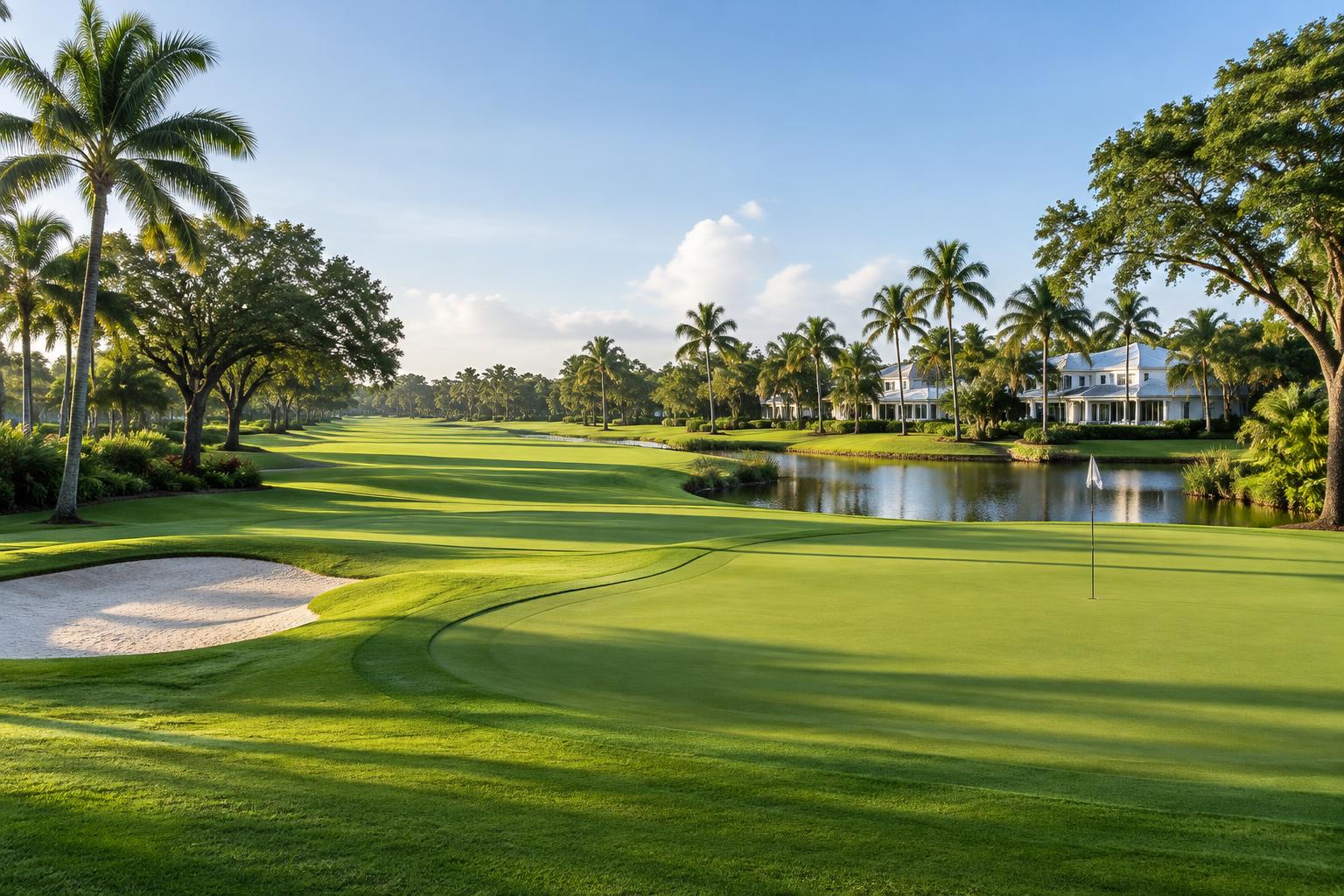Illustrative South Florida golf landscape with palms, a putting green and distant homes; not a named course