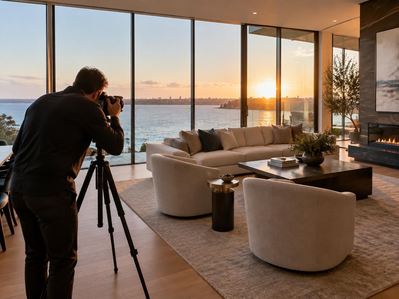 A photographer capturing a waterfront living room at sunset