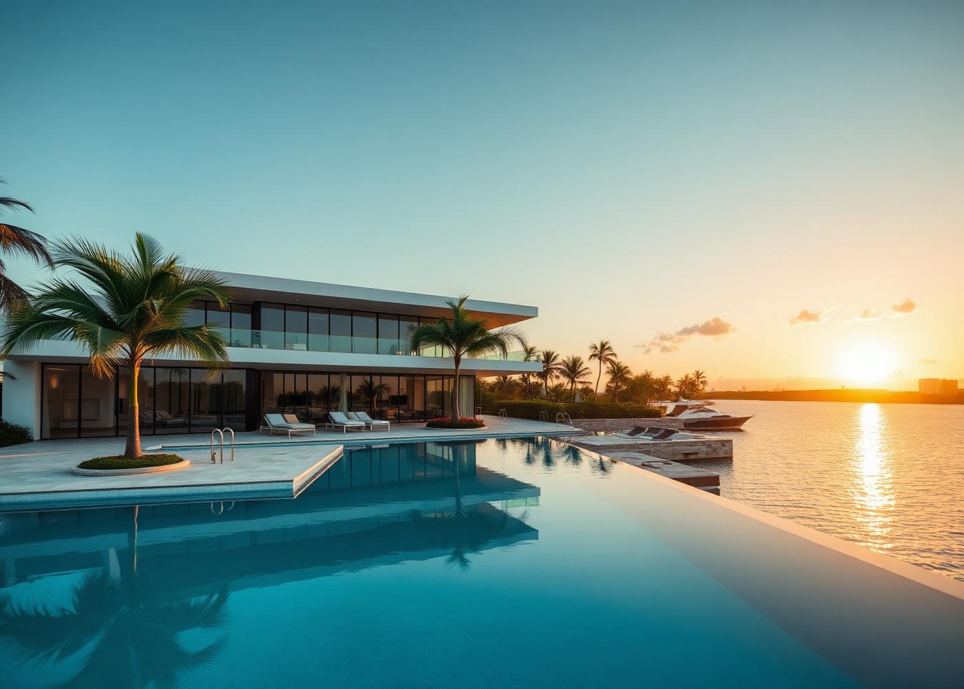 Waterfront luxury Miami villa with infinity pool at golden hour
